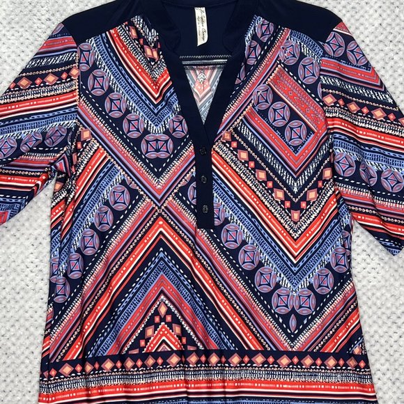 PerSeption Concept Blouse Womens Large Blue Pink Short Sleeve Y Neck Pullover Ge - Picture 4 of 7